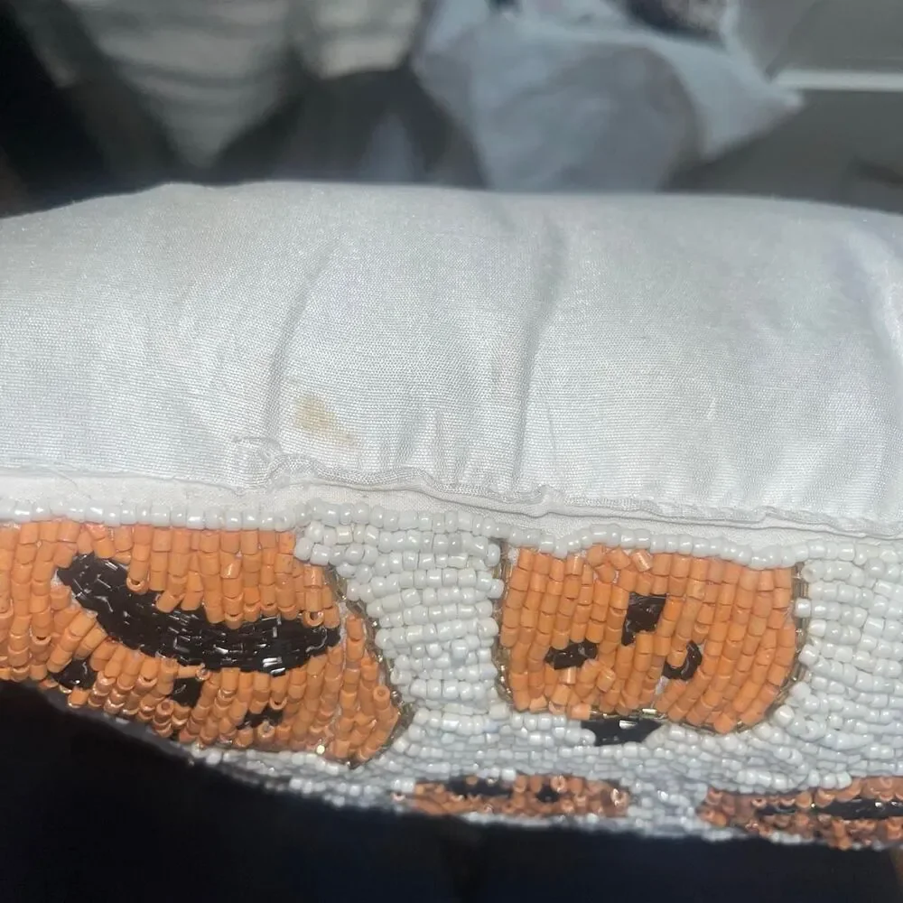 Halloween Decor White and Orange Pumpkin Beaded Pillow